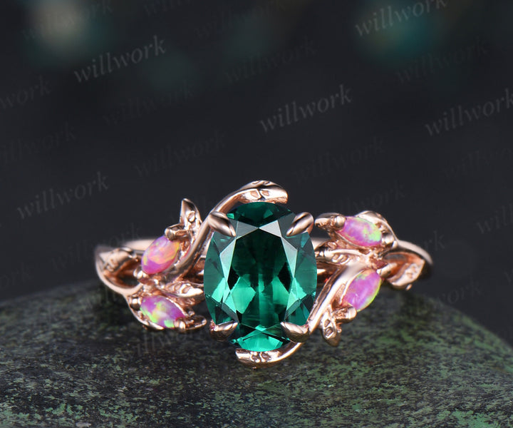 Vintage oval emerald engagement ring set marquise purple opal leaf ring marquise emerald moissanite vine wedding band bridal set