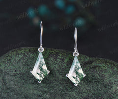 Kite cut moss agate stud earrings solid 14k white gold Solitaire Minimalist earrings anniversary gift for women