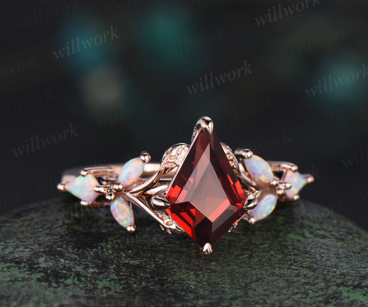 Vintage kite cut red garnet engagement ring leaf kite opal ring 14k rose gold art deco promise anniversary ring women gift