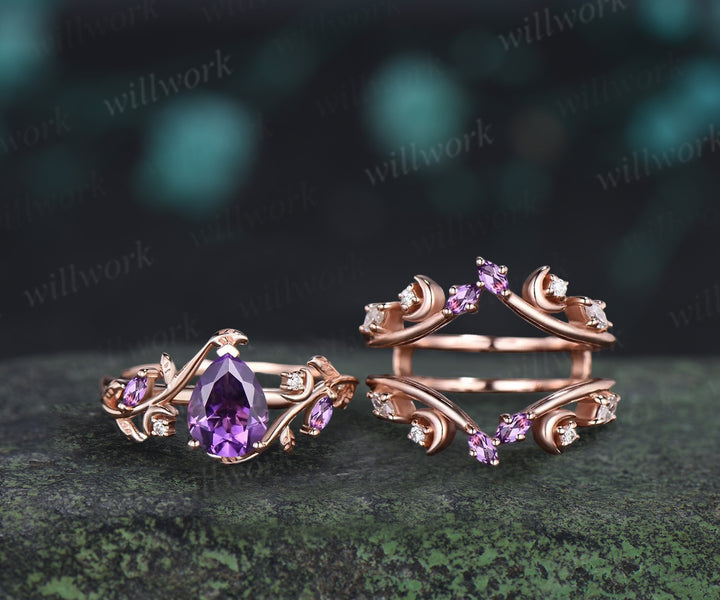 Pear Purple Amethyst Engagement Ring Nature Inspired Branch Leaf Moon Sold Gold Wedding Ring Set