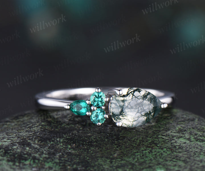 Pear cut moss agate ring white gold East to west emerald four stone unique engagement ring women dainty anniversary gift