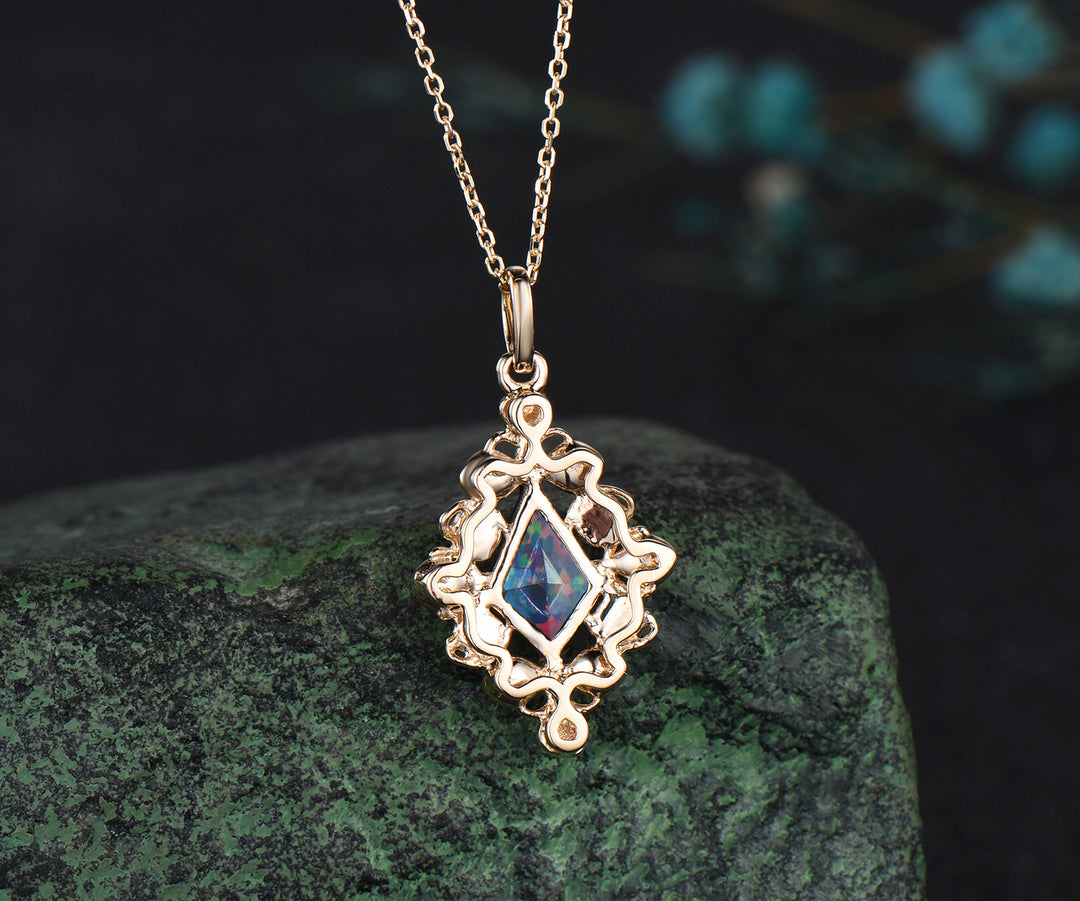 14k rose gold kite cut necklace Opal necklace luxurious retro pendant birthday gift for her