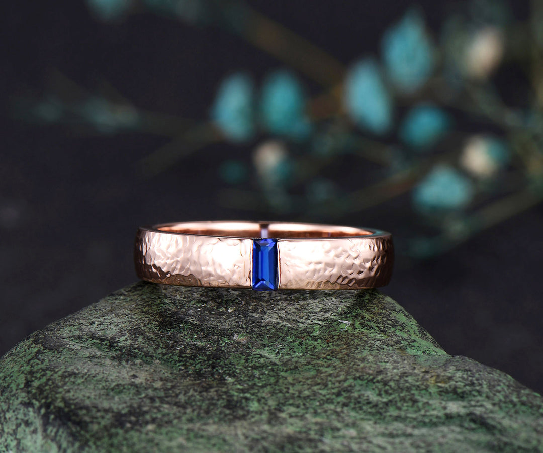 14k rose gold wedding band blue sapphire men's ring gift for him anniversary gift