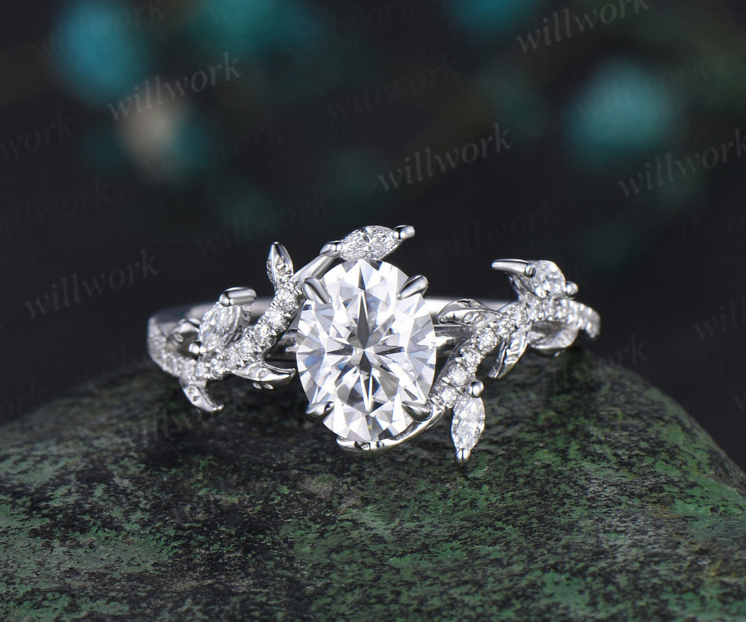 Vintage Oval Cut Lab Grown Diamond Engagement Ring Leaf Nature Inspired Half Eternity Wedding Ring Set