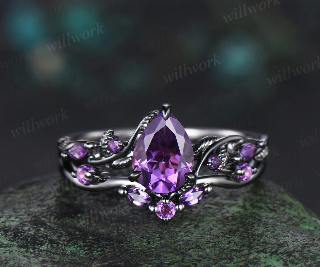 Nature Inspired Pear Amethyst Bridal Set Twisted Unique Twig Vine Teardrop Engagement Ring Set women