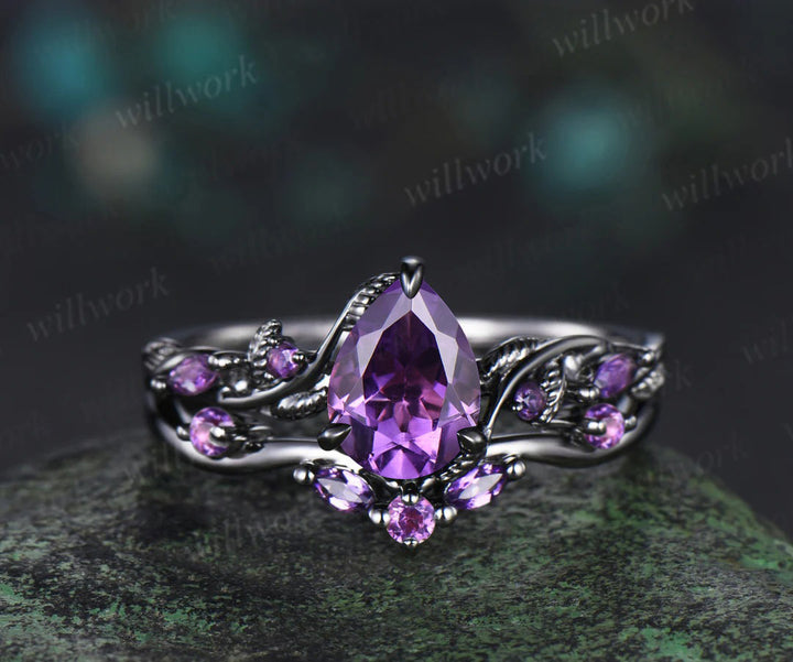 Nature Inspired Pear Amethyst Bridal Set Twisted Unique Twig Vine Teardrop Engagement Ring Set women