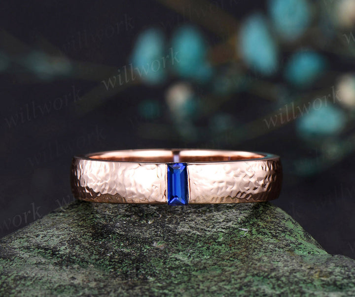 Mens Sapphire Wedding Band Baguette Cut Blue Sapphire Band 5mm Solid Rose Gold Mens Hammered Stacking Matching Band Retro Vintage Ring Gift