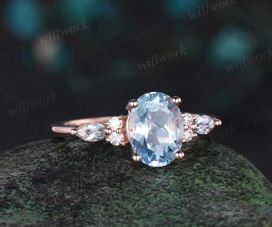 Oval cut aquamarine engagement ring solid 14k rose gold diamond ring March birthstone unique promise wedding ring women