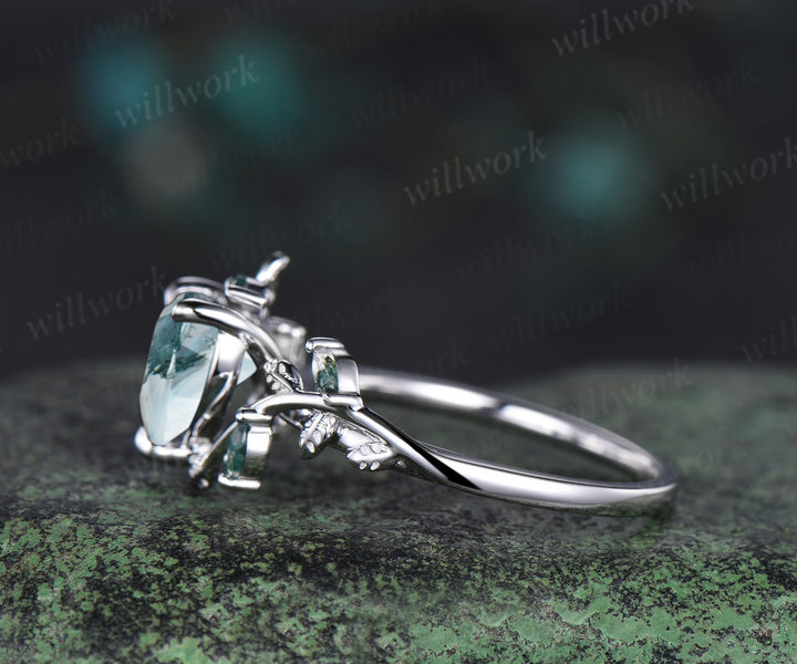 Heart cut moss agate leaf engagement ring women 14k white gold nature inspired promise wedding gift