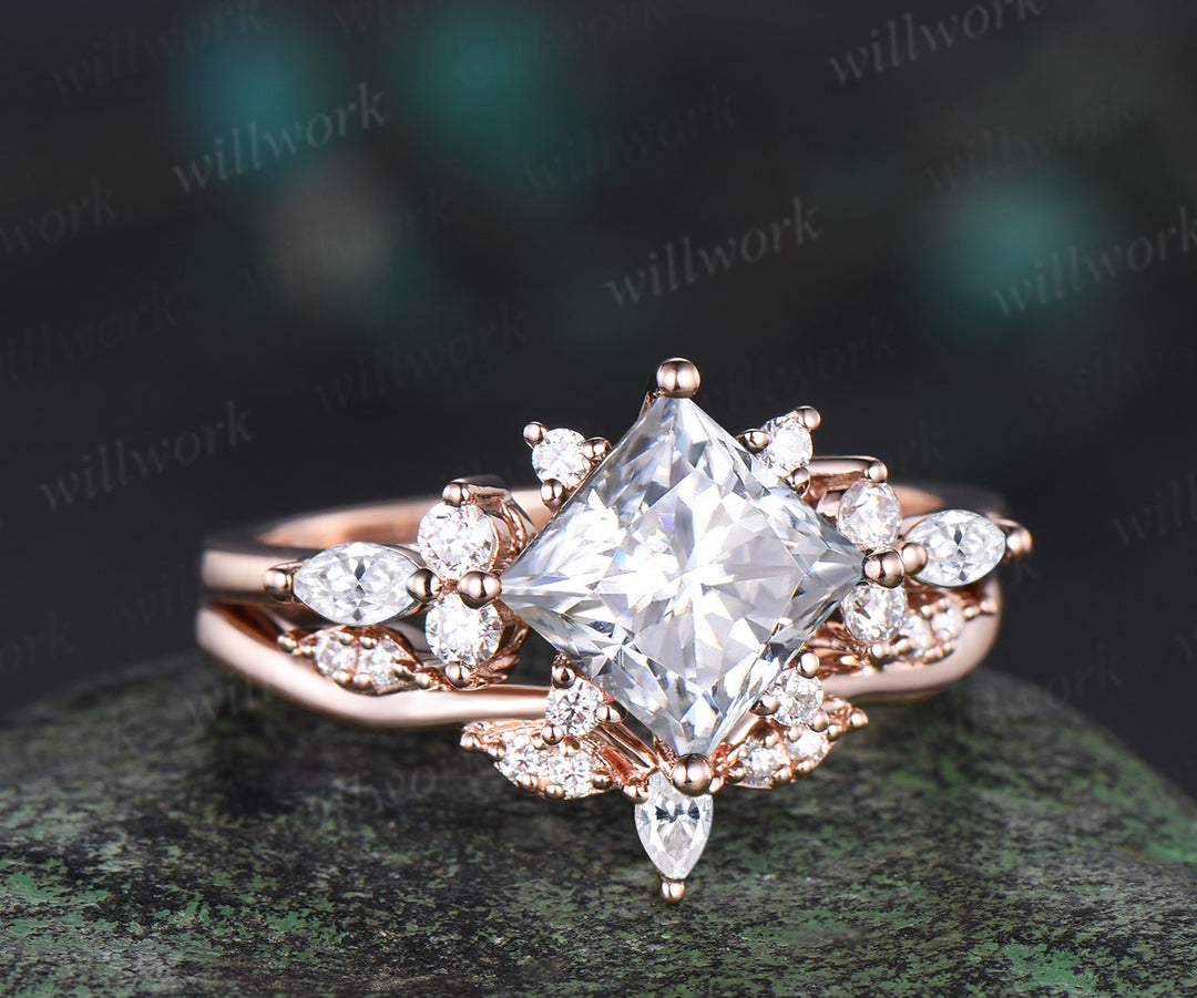 Pincess cut moissanite engagement ring set cluster diamond 14k rose gold ring women stacking unique promise wedding ring set