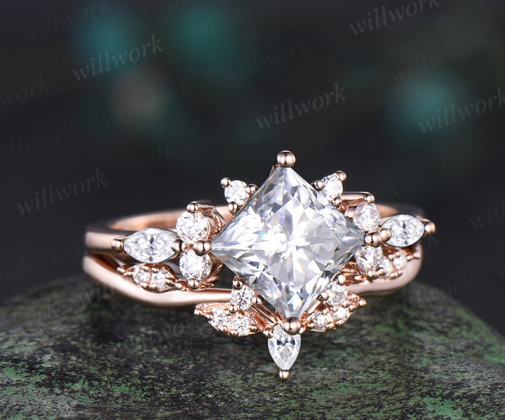 Pincess cut moissanite engagement ring set cluster diamond 14k rose gold ring women stacking unique promise wedding ring set