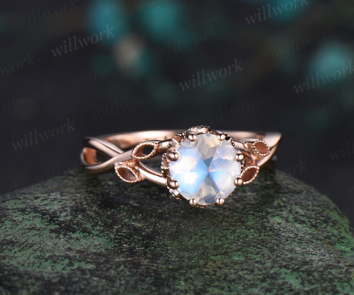 Vintage round rose cut moonstone engagement ring solid 14k rose gold infinity marquise leaf diamond wedding ring set women