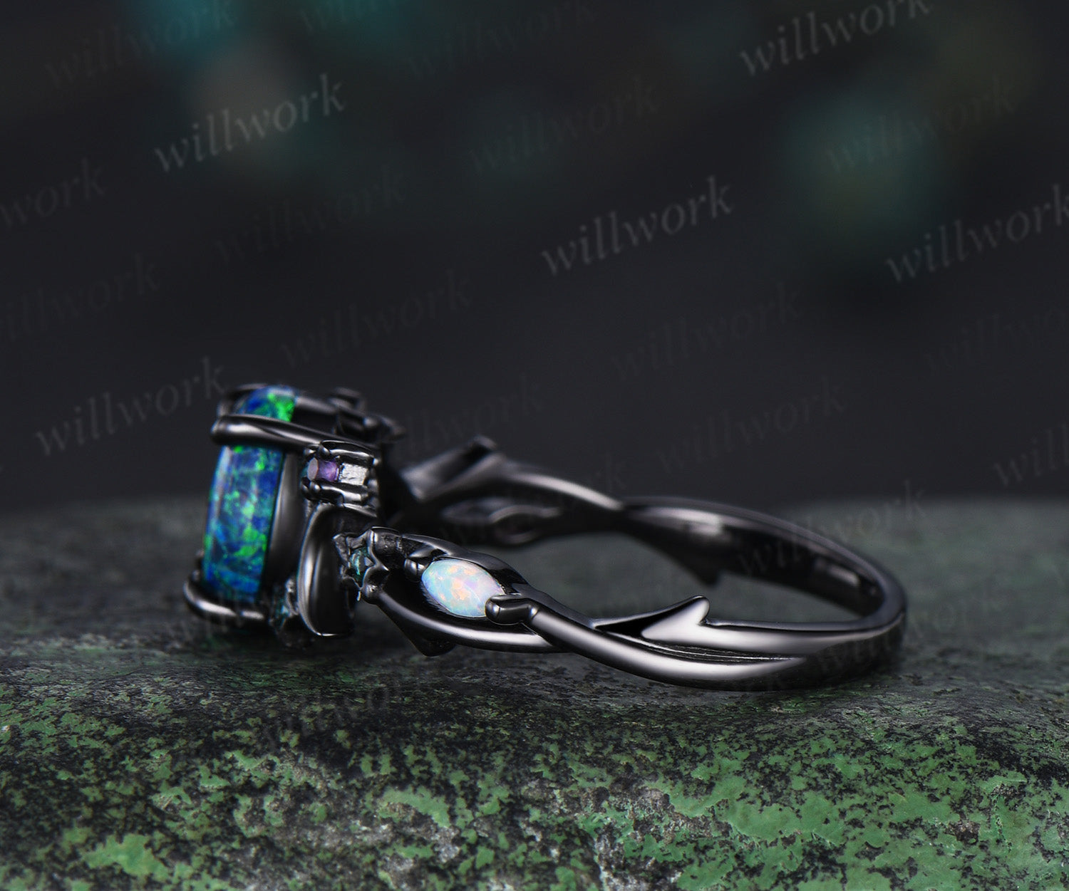 Unique Moon Star Black Opal Engagement Ring Magic Fire Opal Galaxy
