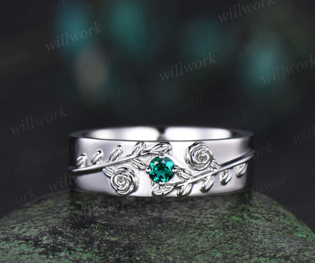 Round green emerald mens wedding band solid 14k white gold leaf