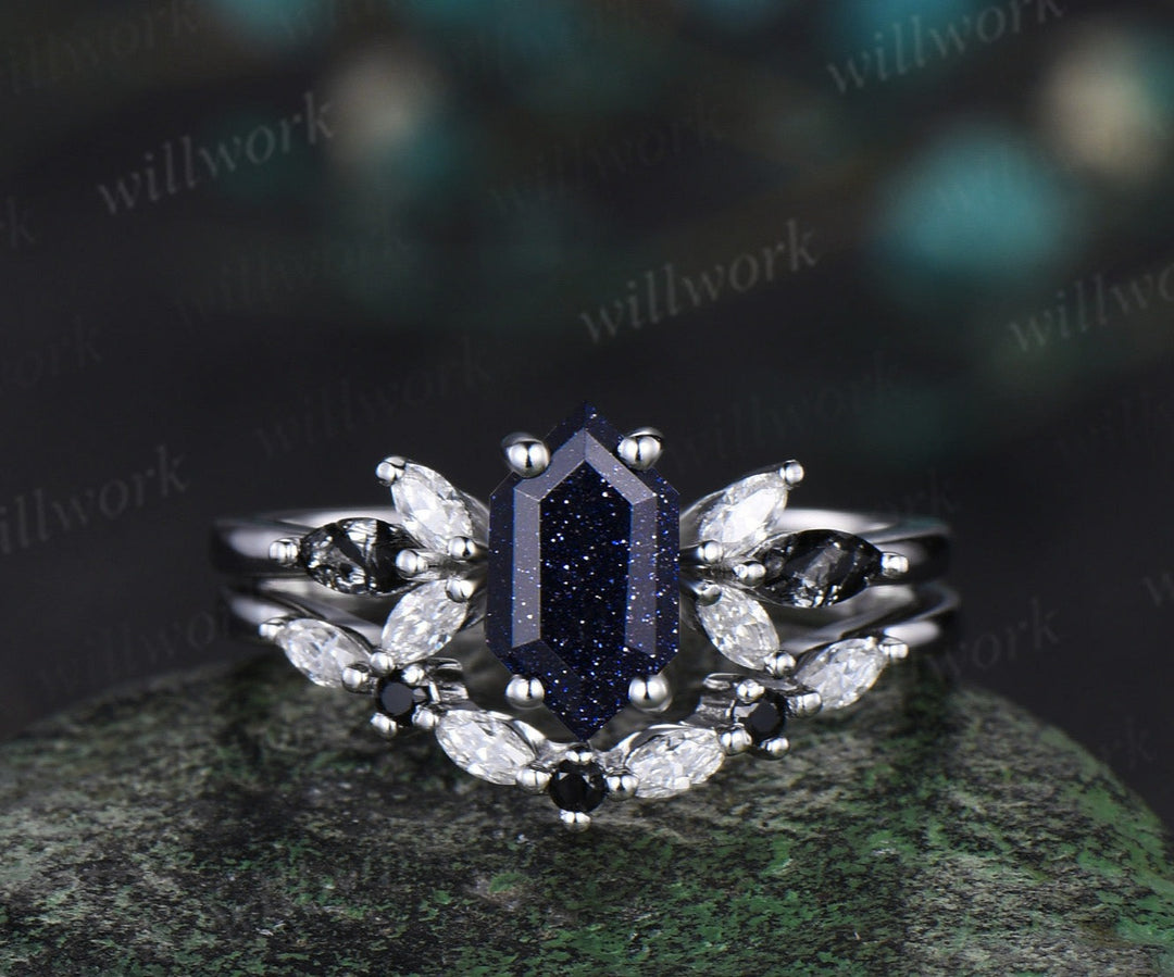 Long hexagon blue sandstone engagement ring 14k white gold cluster black rutilated quartz diamond anniversary wedding ring set women gift