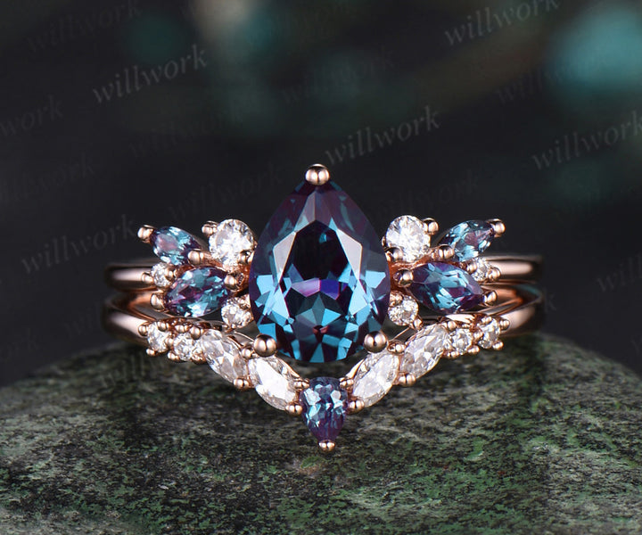 Pear cut Alexandrite engagement ring solid 14k rose gold cluster snowdrift diamond stacking wedding bridal ring set women