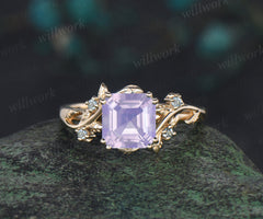 Asscher cut lavender amethyst engagement ring swiss blue topaz leaf branch ring unique nature inspired wedding ring for women