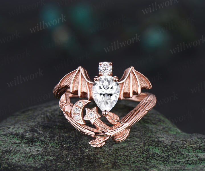 Pear shaped moissanite ring vintage rose gold moon bat engagement ring 14k rose gold retro leaf star diamond promise wedding ring women