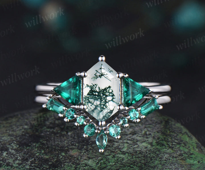 Long hexagon cut moss agate engagement ring 14k white gold three stone Trilliant Baguette emerald bridal ring set women