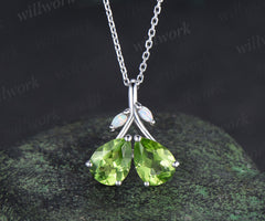 Pear Teardrop Cut Natural peridot Pendant Necklace Opal Leaf Twig Branch Couple August Birthstone Gift