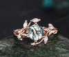 Hexagon cut moss agate ring twig nature inspired engagement ring rose gold leaf marquise diamond promise ring women