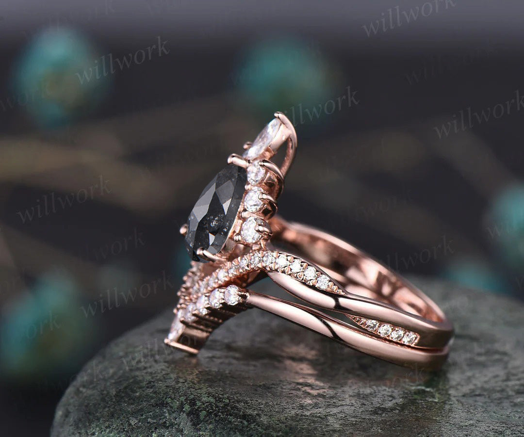 Vintage pear salt and pepper diamond engagement ring set twisted infinity diamond accented wedding bridal ring set women gifts