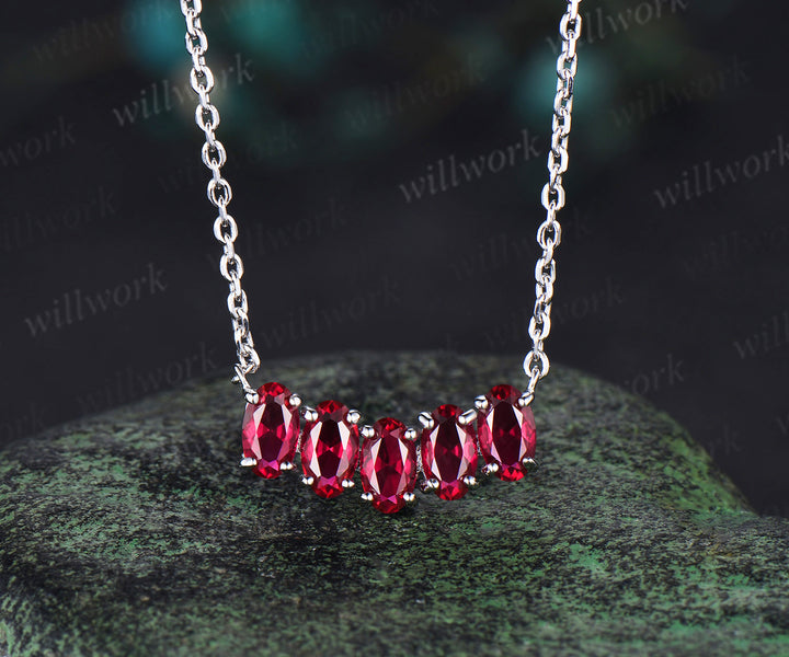 Five stone oval red ruby necklace solid 14k white gold Pendant For Women Anniversary Gifts jewelry