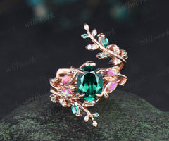 Vintage oval emerald engagement ring set marquise purple opal leaf ring marquise emerald moissanite vine wedding band bridal set