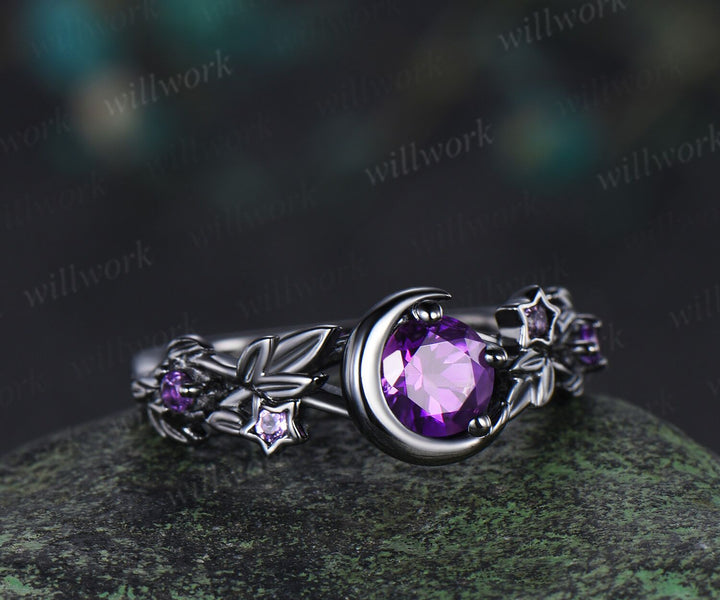 Nature Inspired Round Amethyst Engagement Ring Black Gold Moon Star Leaf Vine Promise Ring