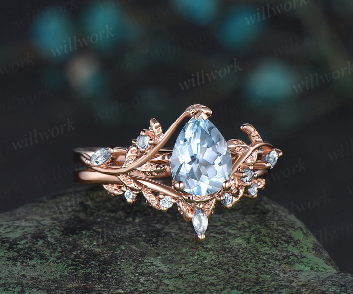 Pear shaped aquamarine engagement ring set rose gold leaf branch March birthstone wedding promise ring set women jewelry