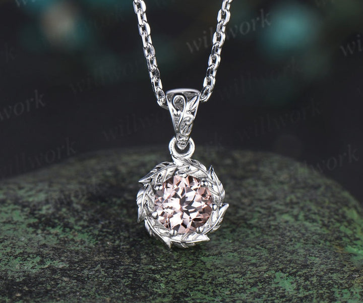 Round cut morganite necklace 14k white gold halo vintage leaf Solitaire pendant women unique anniversary bridal gift mother