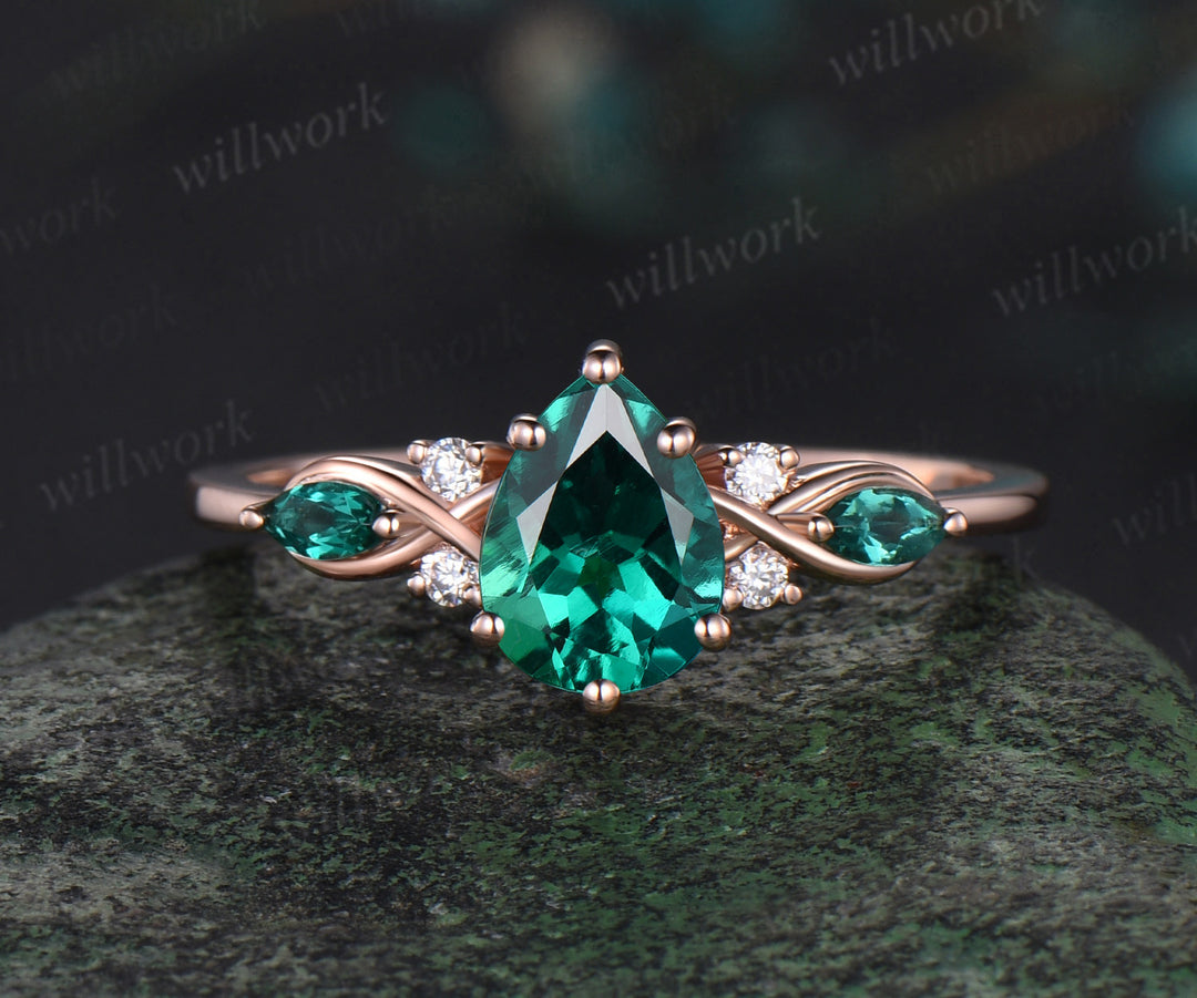 Pear cut green emerald engagement ring rose gold infinity twisted Celtic knot Baguette cut emerald ring women May birthstone ring gift
