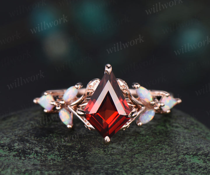 Vintage kite cut red garnet engagement ring leaf kite opal ring 14k rose gold art deco promise anniversary ring women gift