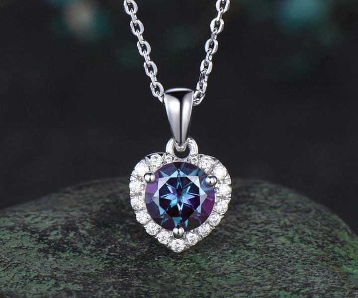 1ct round alexandrite necklace heart halo diamond pendant 14k white gold June birthstone anniversary gift