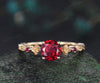 1ct round cut red ruby ring vintage floral leaf engagement ring yellow gold ruby unique promise ring her