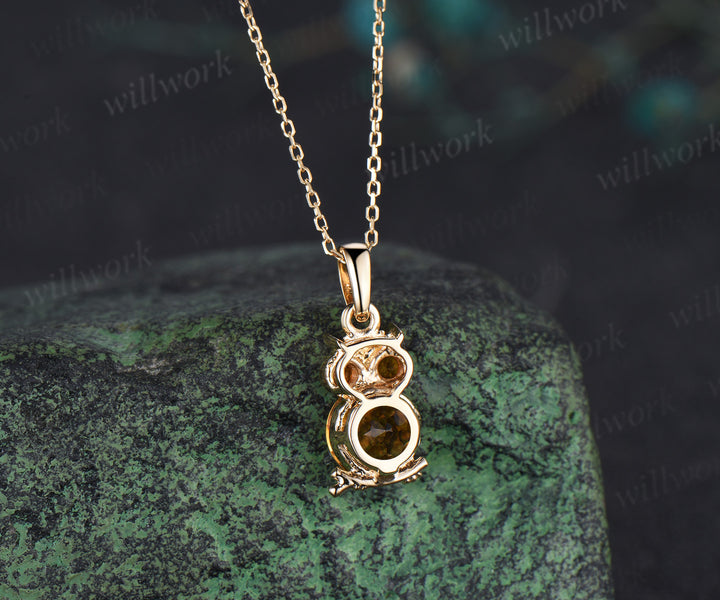 Unique Cute Owl Natural Citrine Wedding Necklace 14k Yellow Gold Mother's Pendant Animal Inspired Anniversary Gift for Daughter