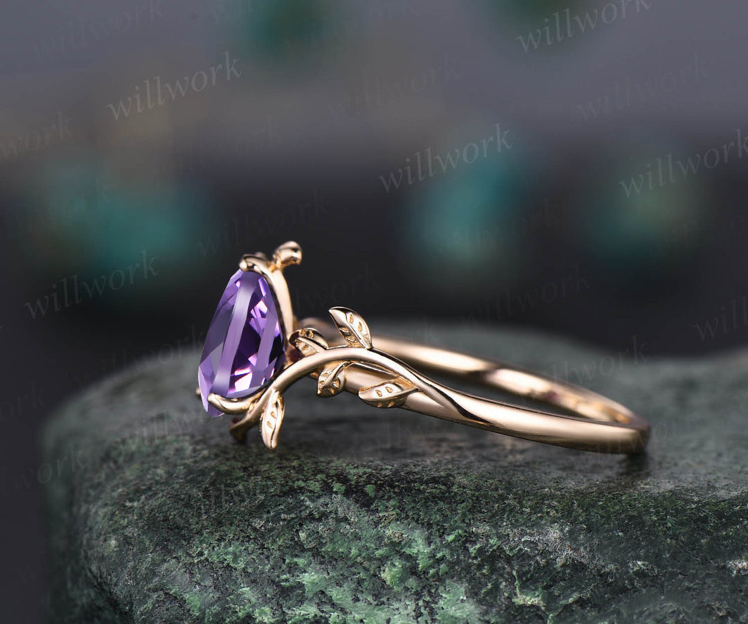 READY TO SHIP: Pear Amethyst Engagement Ring - 14k Yellow Gold - Ring Size: 7 US