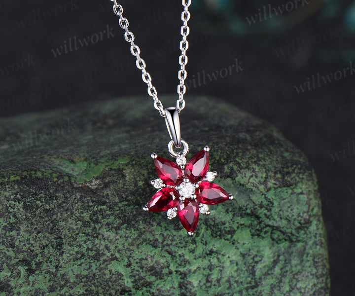 Unique pear red ruby necklace white gold cluster dainty snowdrift diamond pendant women July birthstone anniversary gift