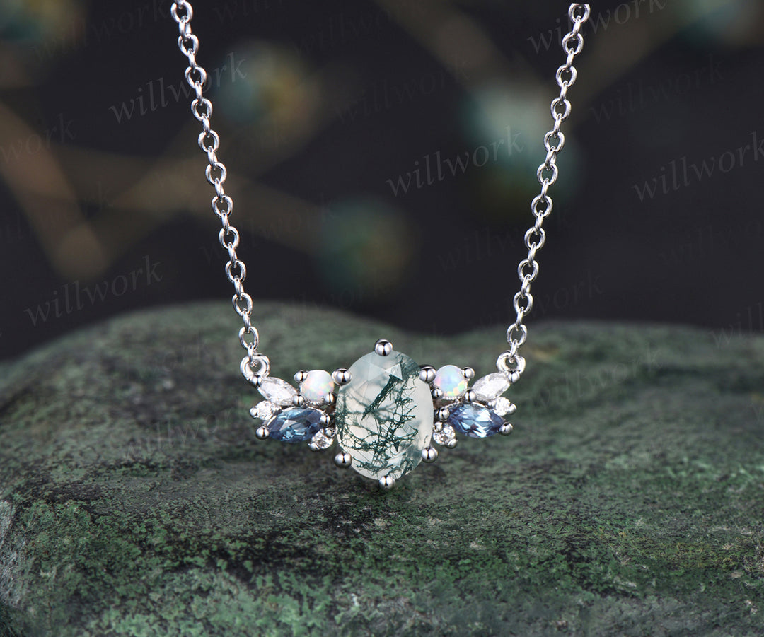 Oval moss agate dainty pendant necklace cluster alexandrite opal pendant sterling silver white gold necklace gifts for women