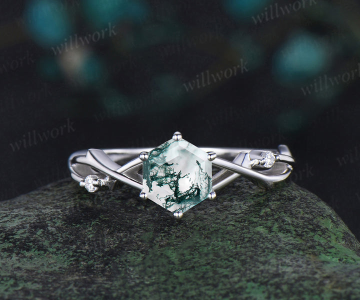 Vintage hexagon cut moss agate engagement ring white gold 6 prong branch infinity three stone diamond wedding ring women