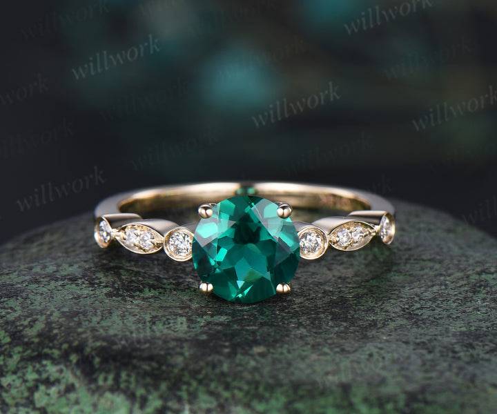 Green emerald engagement ring rose gold emerald ring gold May birthstone ring handmade vintage bridal marquise diamond wedding promise ring