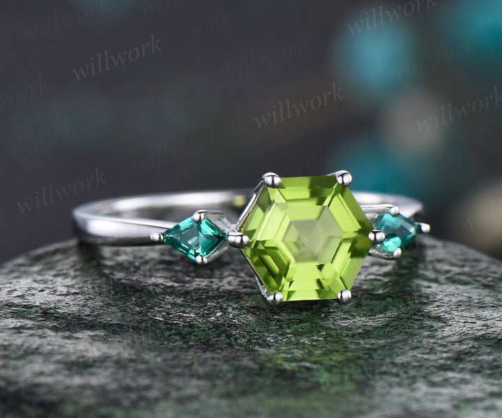 Unique hexagon peridot engagement ring kite cut emerald wedding ring three stones promise ring birthstone jewelry gifts for her