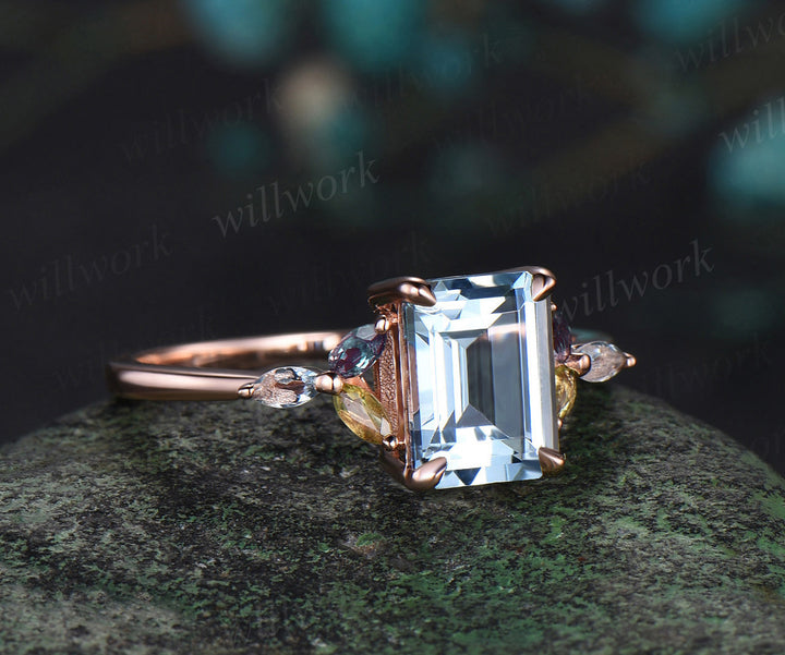 Emerald cut natural aquamarine engagement ring cluster alexandrite peridot ring 18k rose gold wedding ring gift