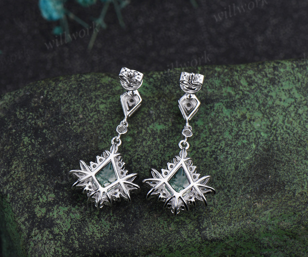 Enchanting kite cut moss agate earrings kite moissanite halo solid white gold earrings for women piercing jewelrys gifs for her