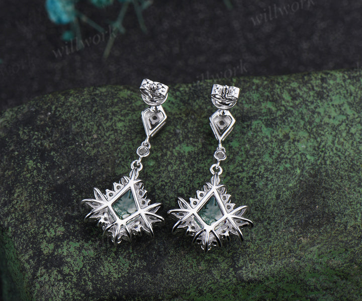 Enchanting kite cut moss agate earrings kite moissanite halo solid white gold earrings for women piercing jewelrys gifs for her