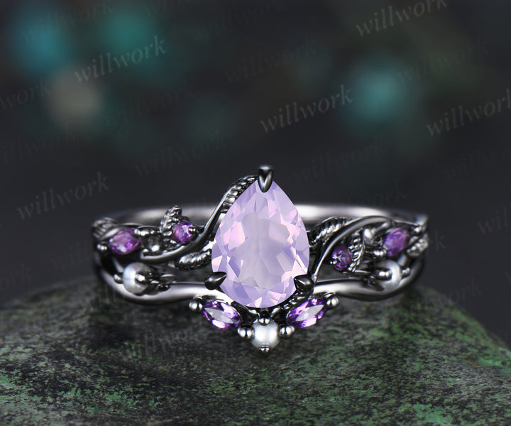 Nature Inspired Pear Lavender Amethyst pearl Bridal Set 14k black gold Unique Twig Vine Teardrop Engagement Ring Ring Set women