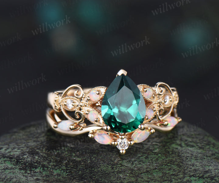 Pear shaped green emerald ring 14k yellow gold opal butterfly Milgrain engagement ring set women art deco unique wedding ring set