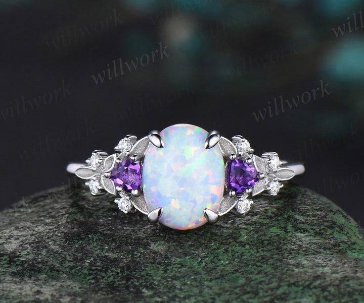 Oval opal ring vintage white gold leaf engagement ring Trilliant amethyst cluster moissanite wedding ring gift