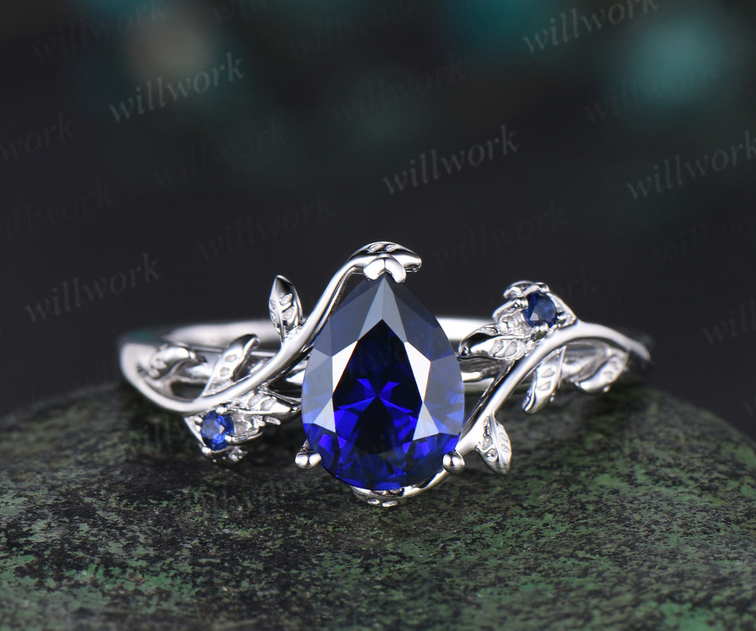 Pear cut sapphire engagement ring set vintage leaf nature inspired bridal set 14k white gold anniversary gift