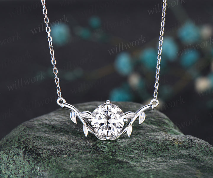 Dainty Round Cut Moissanite Necklace Delicate Vine Twig Branch Nature Inspired Pendant Art Deco 14k White Gold Necklace